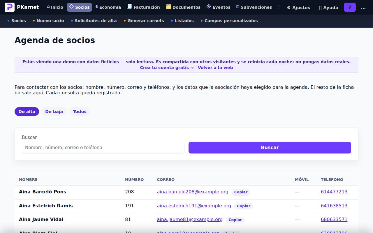 Pantalla «Agenda de socios» del panel de PKarnet, con datos de la demo