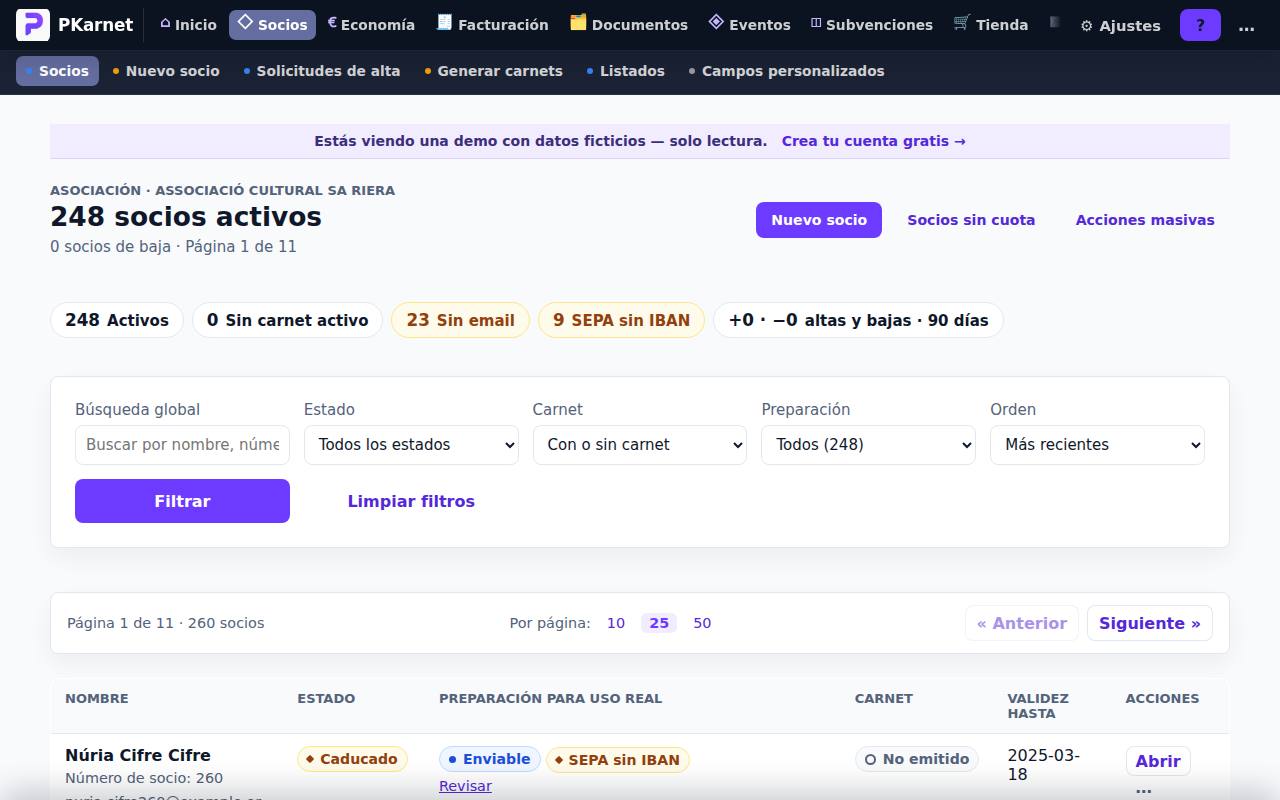 Pantalla «Socios» del panel de PKarnet, con datos de la demo