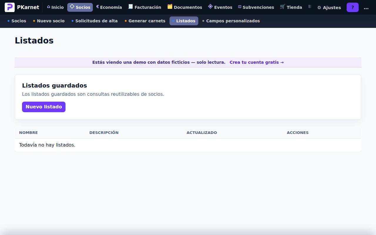 Pantalla «Listados» del panel de PKarnet, con datos de la demo