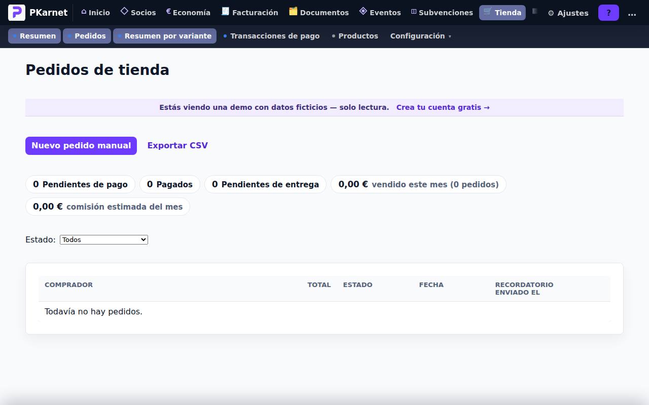 Pantalla «Pedidos» del panel de PKarnet, con datos de la demo