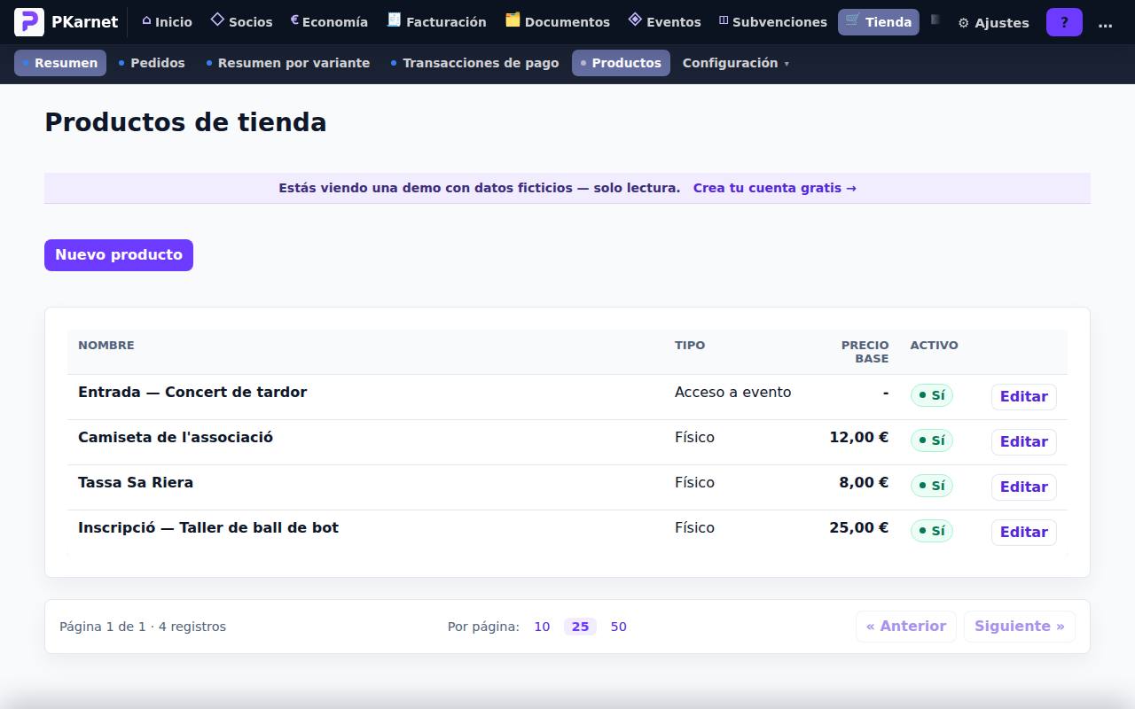 Pantalla «Productos de tienda» del panel de PKarnet, con datos de la demo