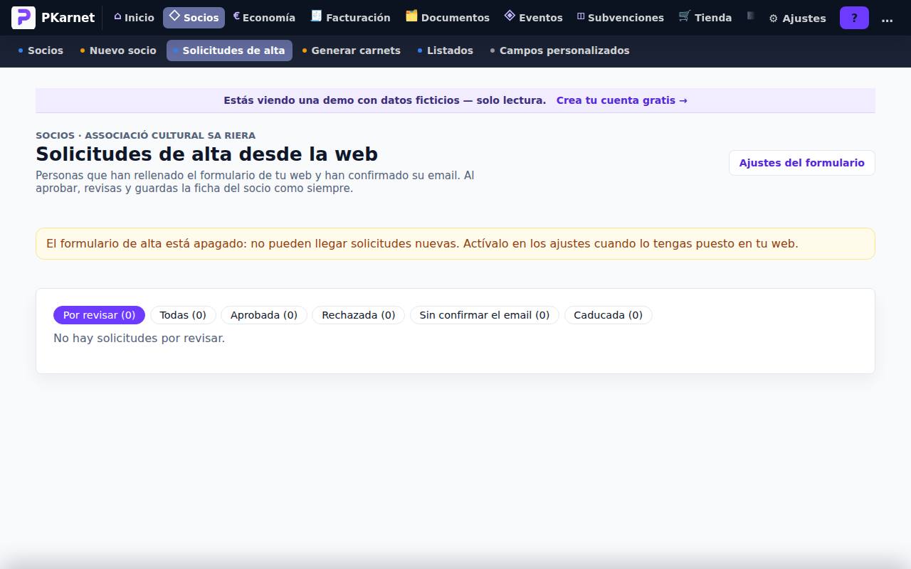 Lista de solicitudes de alta pendientes de revisar
