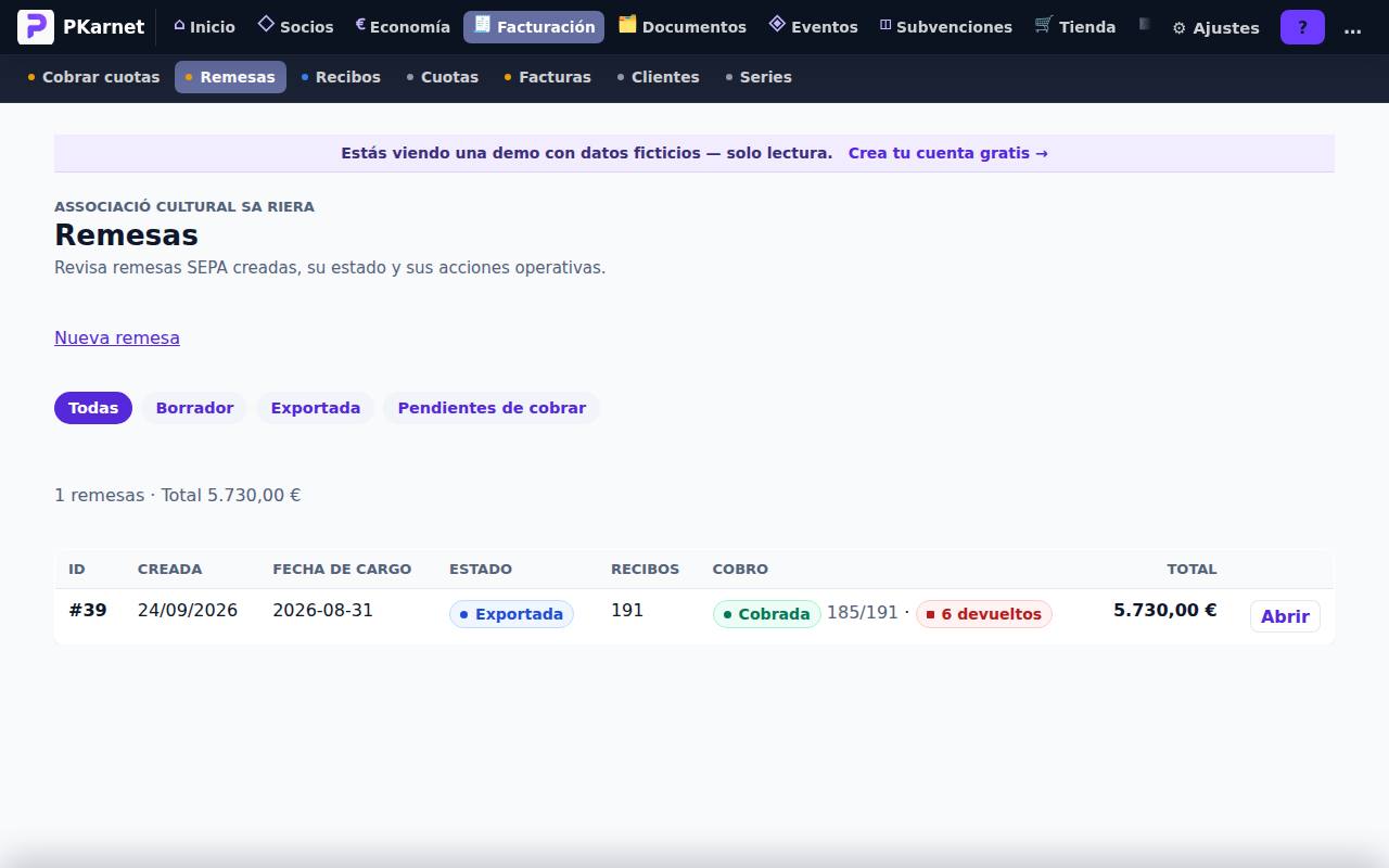Listado de remesas con el estado, el cobro y las devoluciones de cada una