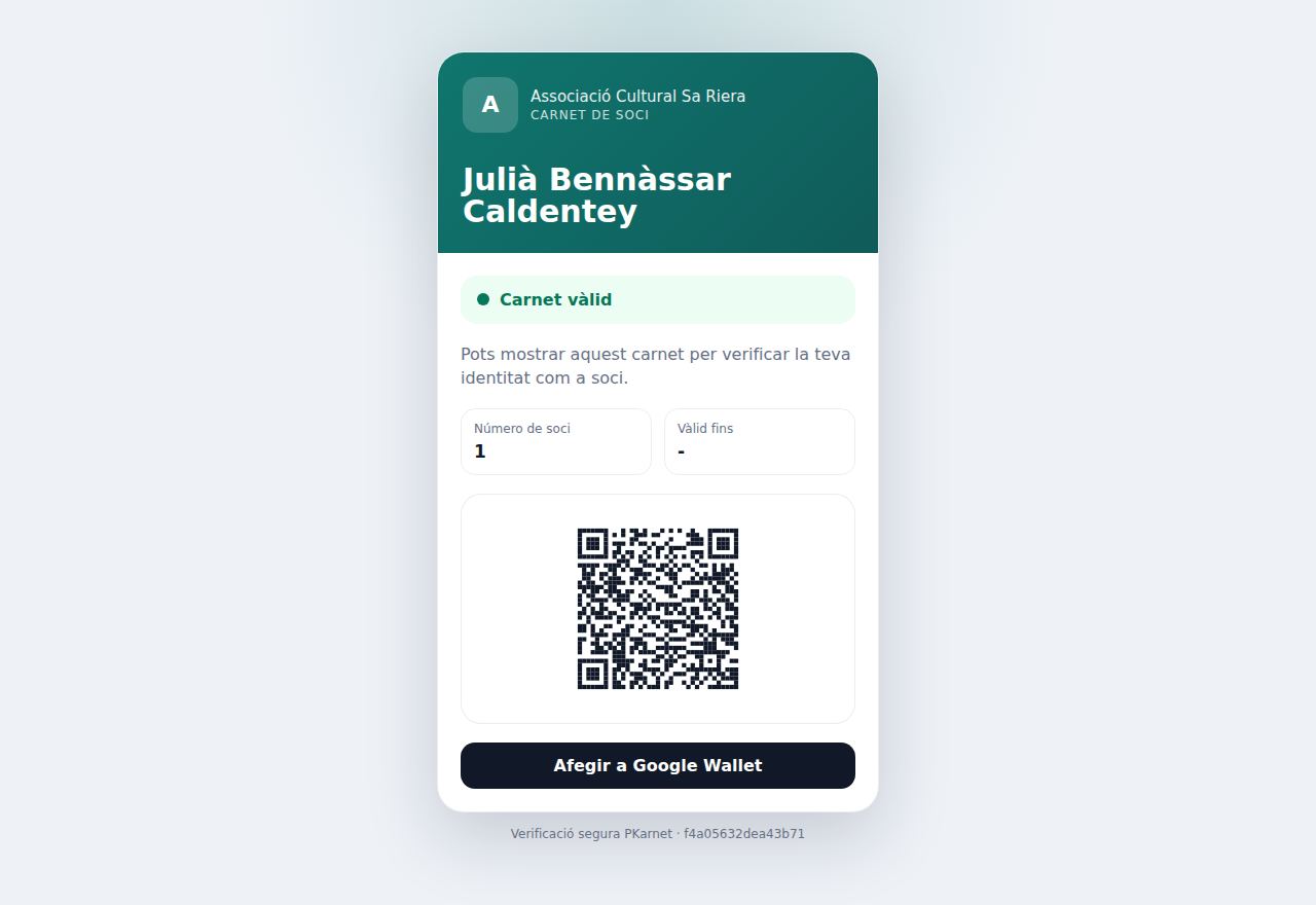Carnet digital de soci de PKarnet amb el seu codi QR de verificació