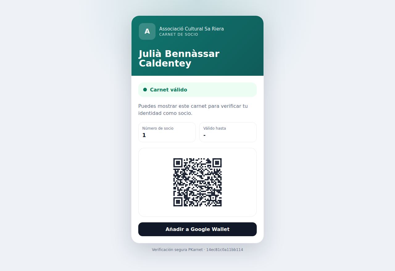 Carnet digital de socio de PKarnet con su código QR de verificación