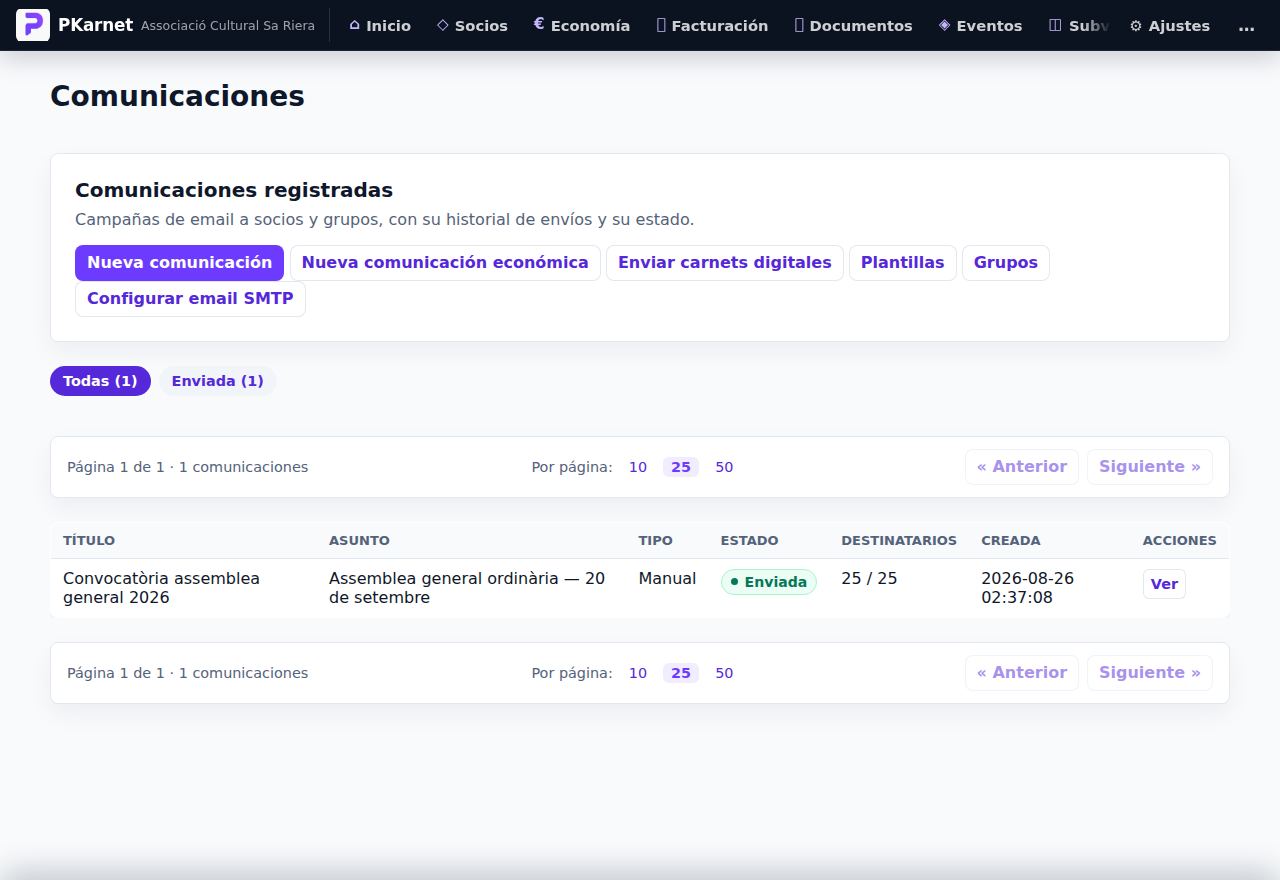 Comunicaciones en PKarnet: la convocatoria de la asamblea enviada a todos los socios