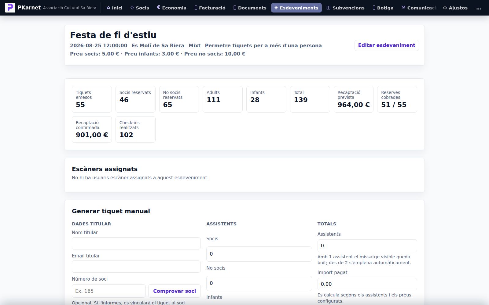 Detall d'un esdeveniment a PKarnet amb entrades emeses, recaptació i accessos registrats