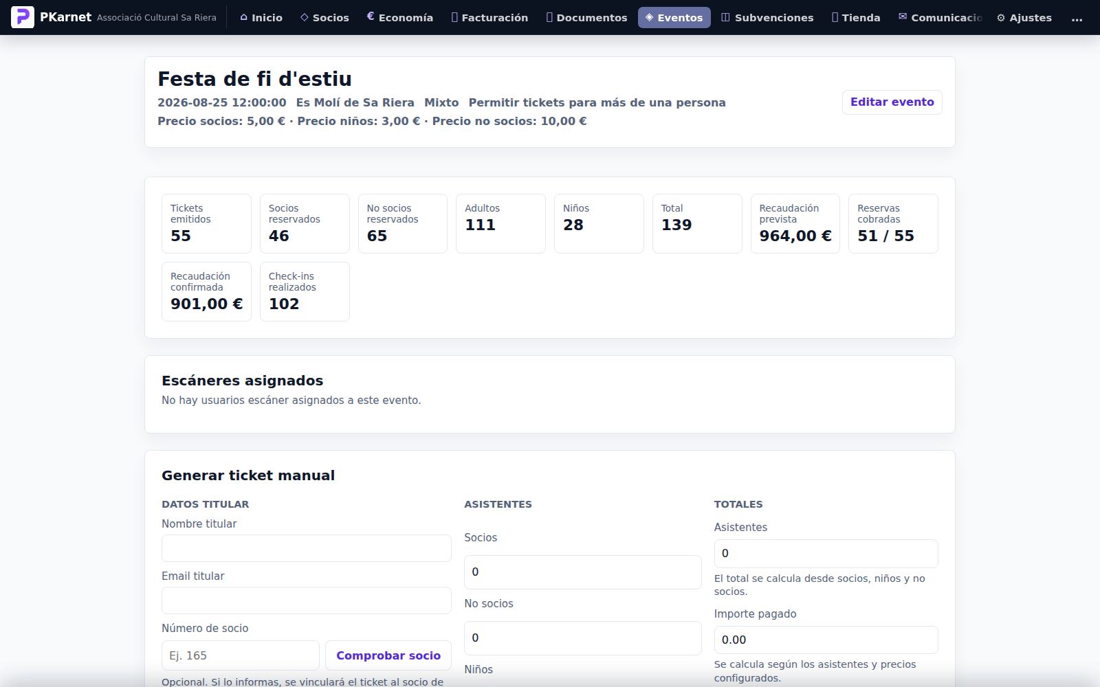 Detalle de un evento en PKarnet con entradas emitidas, recaudación y accesos registrados