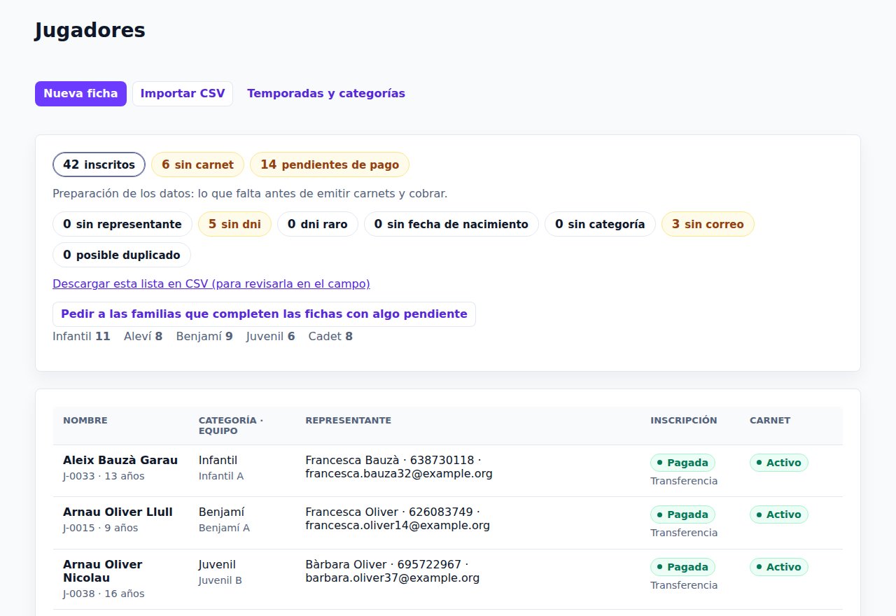 Listado de jugadores de PKarnet con la tira de lo que falta por completar: sin carnet, pendientes de pago, sin DNI, sin correo