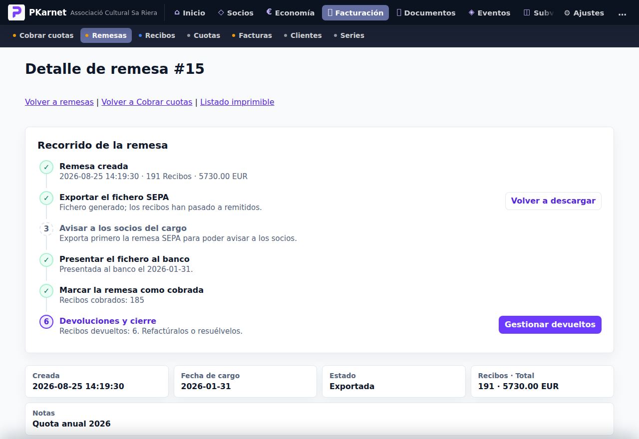 Detalle de una remesa SEPA en PKarnet: recorrido con la remesa creada, el fichero exportado, presentado al banco y cobrado